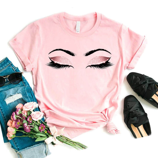 Women Eyelash Pink Art T-shirt Girl | Makeup Hipster | Graphic T-shirt Female